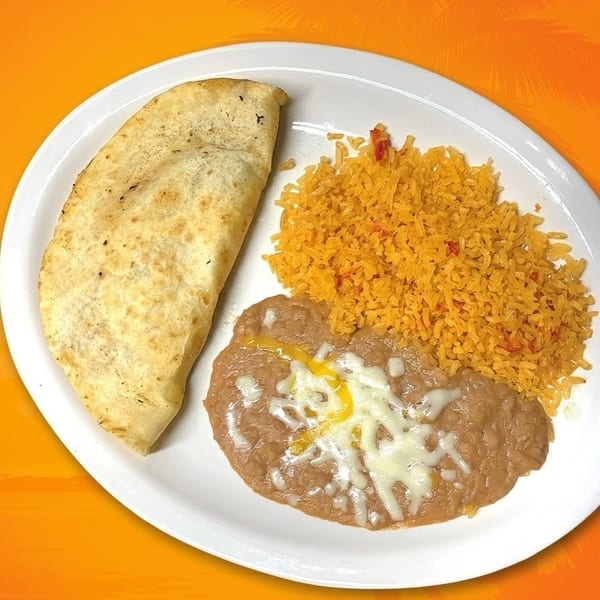 A white plate holds a quesadilla, Mexican rice, and refried beans with melted cheese.