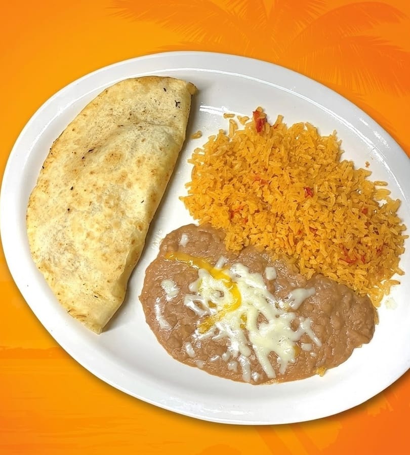 A white plate holds a quesadilla, Mexican rice, and refried beans with melted cheese.